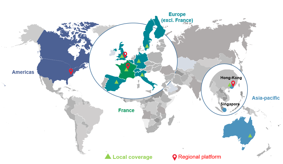 Map of the Private Capital Group teams presence world wide(Paris, London, New York and Hong Kong) with local coverage in 8 countries (France, United Kingdom, United States, Spain, Italy, Germany, China and Australia)