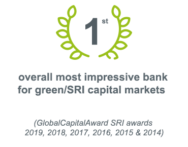1st overall most impressive bank for green/SRI capital markets (GlobalCapital SRI awards 2019, 2018, 2017, 2016, 2015 and 2014)