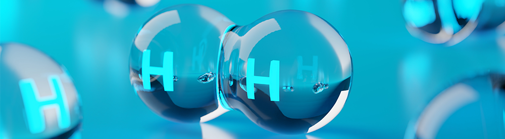 Abstract transparent hydrogen H2 molecules on blue background