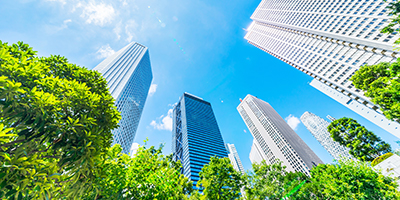 Photo of tall buildings surrounded by trees