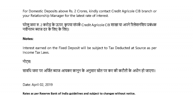 Deposit Card Rates w.e.f 02 April 2019